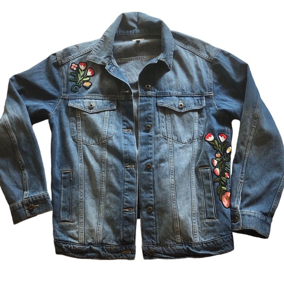 Sneak Peek Blue Denim Jean Jacket Boho Floral Embroidered Trucker M - Picture 2 of 10